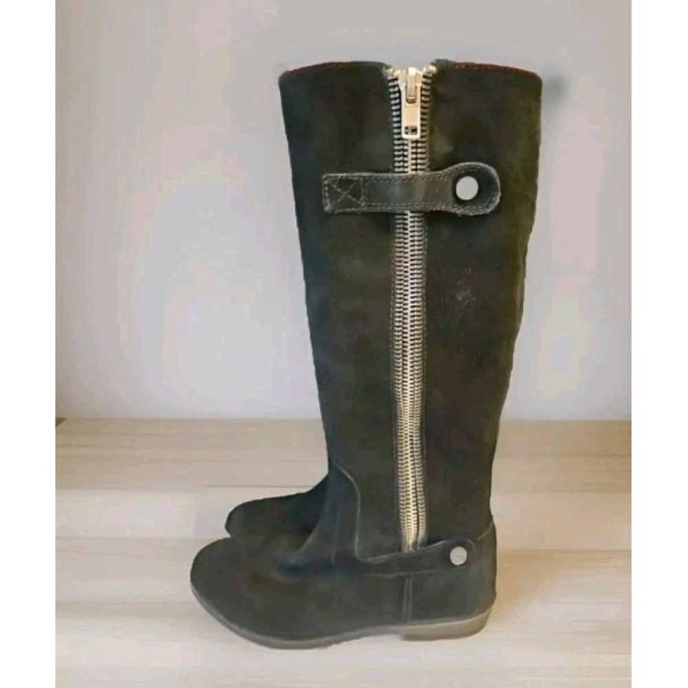 NINE WEST Women's Black Suede Leather Rupert Tall Low block Heel Boots Sz 6.5M